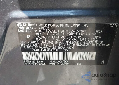 2015 Toyota Rav4 Limited z USA, uszkodzony, nr VIN 2T3YFREV0FW139298